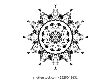 Circular monochrome design with mandala-style geometric patterns and artistic detailing