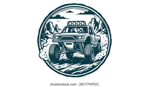 Circular monochrome emblem of a modified 4x4 off-road trophy truck racing through mountain desert terrain with large tires, roof lights, and dust clouds on a white background.