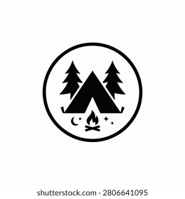 A circular monochrome icon showing a camping tent flanked by two pine trees with a small campfire moon and stars below.