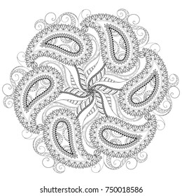 circular monochrome pattern for coloring book, with paisley
