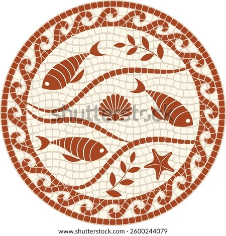Circular mosaic ornament with fish and shells in terracotta color. Ideal for home decor, ceramic tiles, branding, textile and other projects.