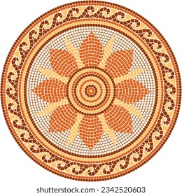 Circular mosaic ornament with the sun in bright orange, yellow and brown colors . For ceramics, tiles, ornaments, backgrounds and other projects.