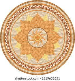 Circular mosaic ornament with the sunflower in orange, yellow and brown colors. For ceramics, tiles, ornaments, backgrounds and other projects.