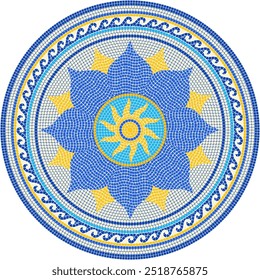 Circular mosaic tile with stylized blue sunflower in ukranian style . For ceramics, tiles, ornaments, backgrounds and other projects.
