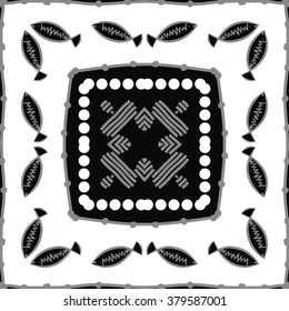 Circular motif, doodles,spots, hole,fishes, zigzag. Hand drawn.