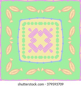 Circular motif, doodles,spots, hole,fishes, zigzag. Hand drawn.