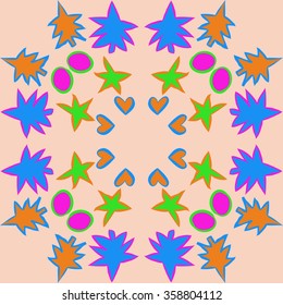  Circular motifs, stars, ellipses, spruce,spots,hearts,  pattern. Hand drawn.