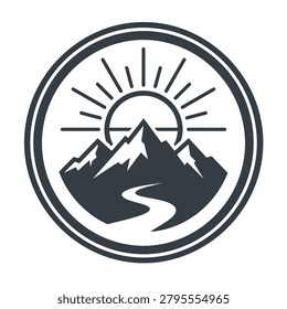 Circular mountain peak badge with sun rays and path.