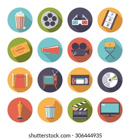 Circular movie and cinema icons vector set. Collection of 16 flat design long shadow color symbols in circles