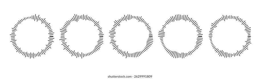 Circular music equalizer spectrum. Radial soundwave pattern with center burst effect.