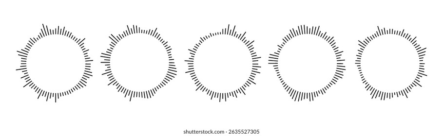 Circular music equalizer spectrum. Radial soundwave pattern with center burst effect.