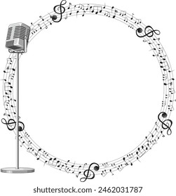 Circular music notes with a classic microphone