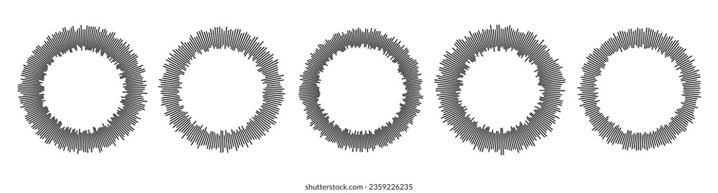 Circular Music Visualization. Collection of vector designs depicting sound waves, audio beats and voice in a radial circle. Dynamic soundwave equalizer effects as icons.