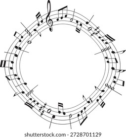 Marco circular de pentagrama musical con notas musicales negras y clave de agudos para un diseño de sonido creativo y una composición de melodía artística