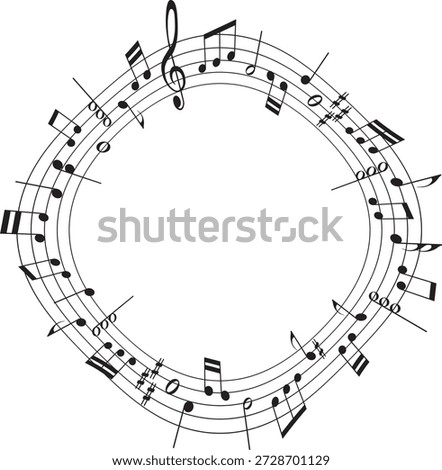 Circular musical stave frame with black music notes and treble clef for creative sound design and artistic melody composition