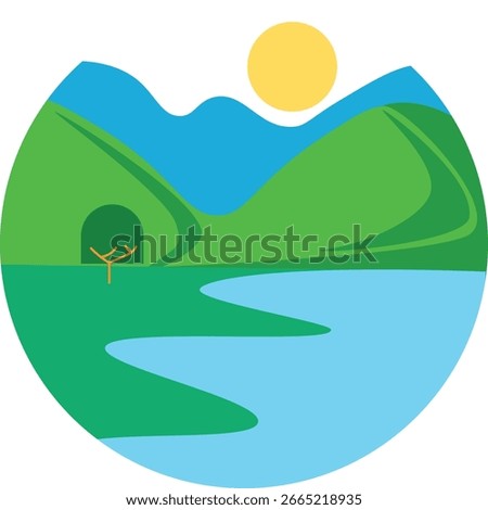 Circular nature vector illustration vibrant green mountains serene blue lake bright yellow sun Minimalist natural landscape scenery for outdoor adventure environmental protection travel inspiration