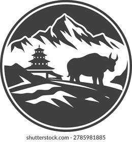 Circular Nepal heritage emblem featuring mountain scenery, traditional architecture, and yak silhouette in a bold travel branding style. Suitable for eco-tourism, trekking brands, outdoor identity, souvenirs, and cultural campaigns.