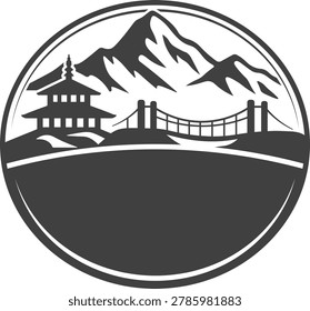 Circular Nepal mountain badge featuring Himalayan scenery, traditional temple architecture, and suspension bridge elements in a clean travel emblem style. Ideal for tourism branding, outdoor adventure, apparel, stickers, and destination identity projects.