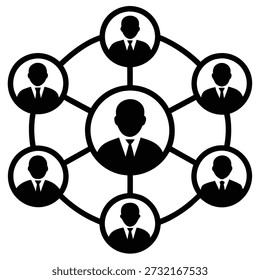 A circular network diagram connecting silhouettes of businessmen, symbolizing teamwork, connection, and organization.