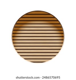 Circular niche with bamboo panel with horizontal wooden planks arranged in a striped pattern. Wood stripes with natural texture for modern interior design or product showcase.