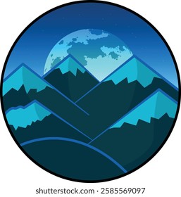 Circular Nighttime Mountain Landscape Illustration with Full Moon and Starry Sky - Detailed and Atmospheric Design