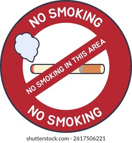 Circular no smoking sign with red border and English text. Cigarette icon with prohibition symbol. Ideal for public places and health campaigns