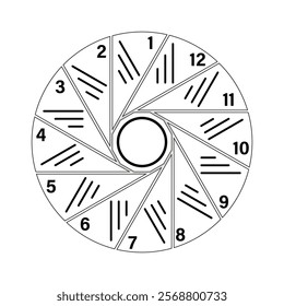 Circular number wheel. Black and white dial. Twelve section clock face. Geometric vector design.