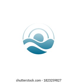 logo circular del océano con olas y sol en el horizonte