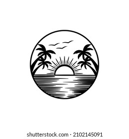 Circular ocean marine lake sunrise palm bird vector illustration logo design