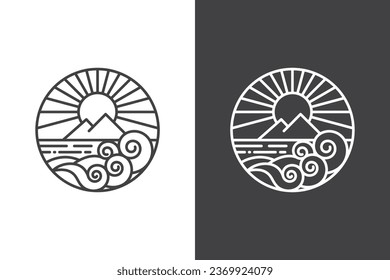 circular ocean waves logo line art with sunlight behind a mountain in the middle of the sea