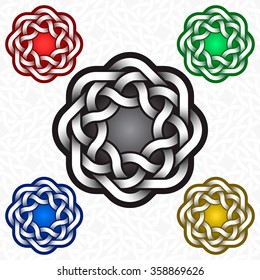 Circular octagonal logo template in Celtic knots style. Tribal tattoo symbol. Silver ornament for jewelry design and samples of other colors.