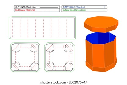 Circular Octogonal shape 3 lid box by without glued assemble dieline template 3D render