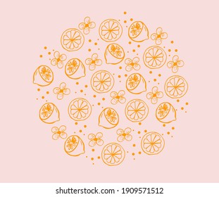 Circular Orange illustration, pattern. Template for postcard or invitation card, poster, banner, label, tag. Isolated on pink background. Vector illustration.