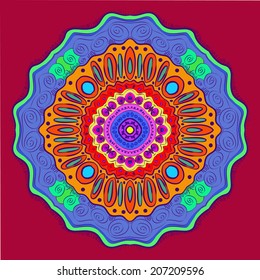 Circular oriental  multicolored ornament  on a dark rosy background. Handmade.