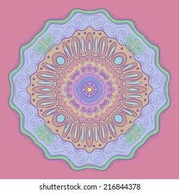 Circular oriental  multicolored  pale ornament  on a pale rosy background. Handmade.