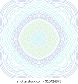 Circular oriental  pattern of delicate striped motif, spirals, waves stars, . Hand drawn.