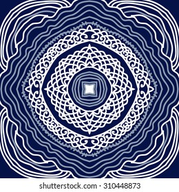 Circular oriental  pattern of delicate striped motif, spirals, waves stars, . Hand drawn.