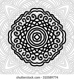 Circular oriental  pattern of delicate striped motif, spirals, waves,zigzag, stars, . Hand drawn.