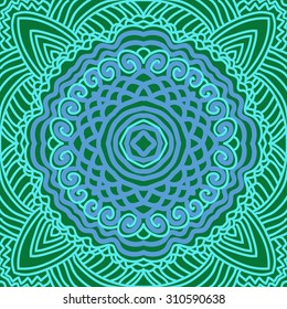 Circular oriental  pattern of delicate striped motif, spirals, waves,zigzag, stars, . Hand drawn.