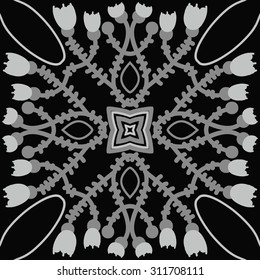 Circular oriental  pattern of floral motif, ellipses, branches, stars, tulips. Hand drawn.