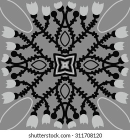 Circular oriental  pattern of floral motif, ellipses, branches, stars, tulips. Hand drawn.