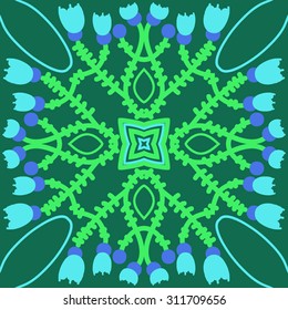 Circular oriental  pattern of floral motif, ellipses, branches, stars, tulips. Hand drawn.