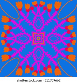 Circular oriental  pattern of floral motif, ellipses, branches, stars, tulips. Hand drawn.