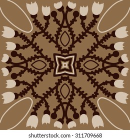 Circular oriental  pattern of floral motif, ellipses, branches, stars, tulips. Hand drawn.