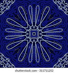 Circular oriental  pattern of floral motif, ellipses, spirals,waves. Hand drawn.