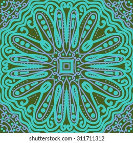 Circular oriental  pattern of floral motif, ellipses, spirals,waves. Hand drawn.