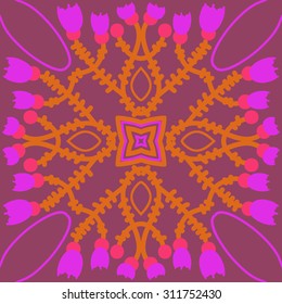 Circular oriental  pattern of floral motif, ellipses, branches, stars, tulips. Hand drawn.