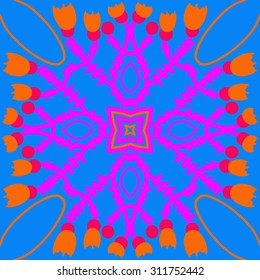 Circular oriental  pattern of floral motif, ellipses, branches, stars, tulips. Hand drawn.