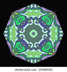 Circular oriental pattern of floral motifs on a background. Hand drawn.