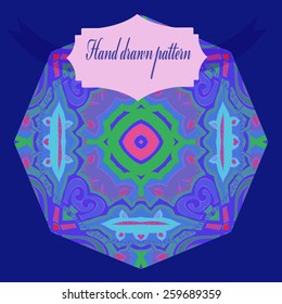 Circular oriental pattern of floral motifs on a background, label. Hand drawn.